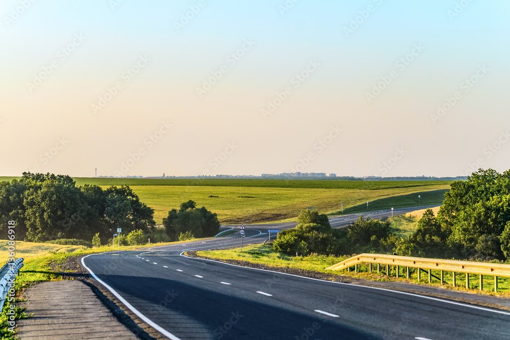 Fototapeta premium Turn countryside asphalt road with marking. Belgorod region, Russia.