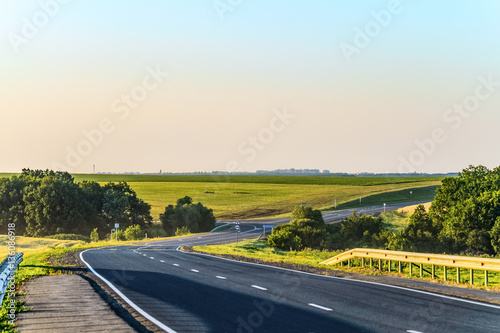 Turn countryside asphalt road with marking. Belgorod region, Russia.