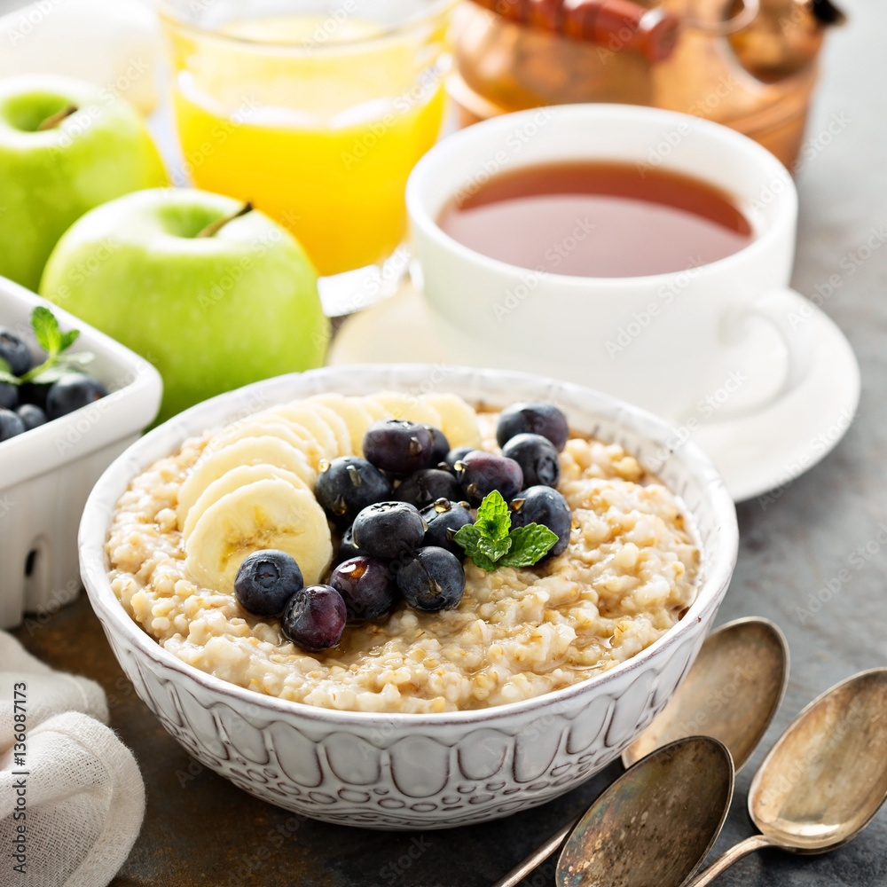 Steel cut oatmeal porridge with banana and blueberry Steel cut oatmeal porridge with banana and blueberry