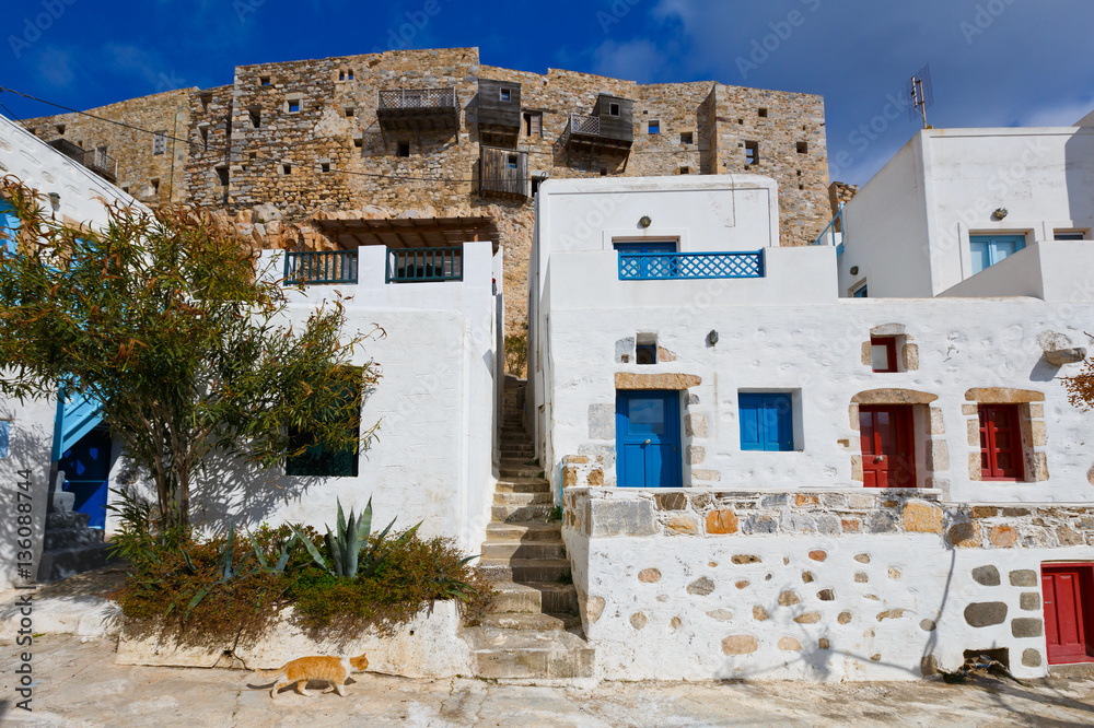 Buildings of the castle in Chora on Astypalea island as seen from the village.