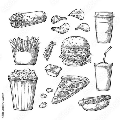 Set fast food. Coffee, hamburger, pizza, hotdog, fry potato, popcorn