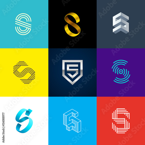 Letter "S" big logo pack. Creative vector monograms. Striped, ribbon, colorful, isometric, linear, 3d logos.Eps10 format.