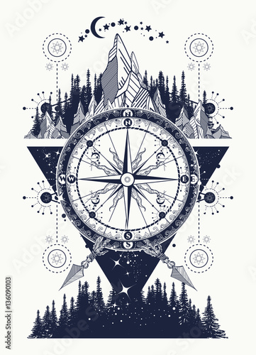 Mountains and antique compass tattoo art. Adventure, travel