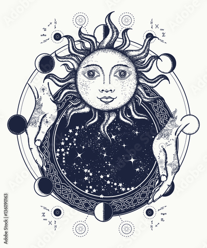 Magic mirror tattoo art. Antique sun, fortune teller hands