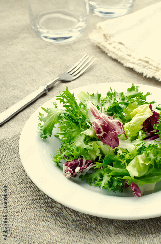 Green salad with spinach, frisee, arugula and radicchio on blue wooden background Green salad with spinach, frisee, arugula and radicchio on blue wooden background