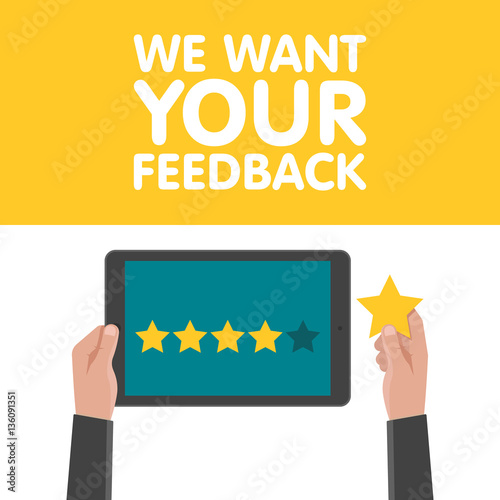 Hand holding and pointing to a tablet with five star on the screen. Rating and review concept. Vector illustration