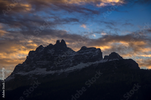 Sunset in Dolomites, mountains around Famous ski resort Cortina
