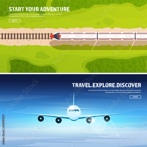 Train, railwa station. Travel and tourism. Airplane, aviation. Summer holidays, vacation. Plane landing. Flight, air travelling. Sky, aerial background. Journey.