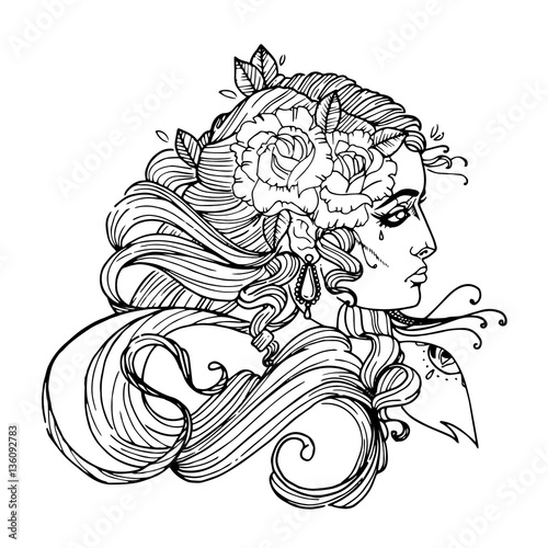 Woman face with curly hair and flower. Girl tattoo vector template on white background. Cool retro styled Female tattoo.