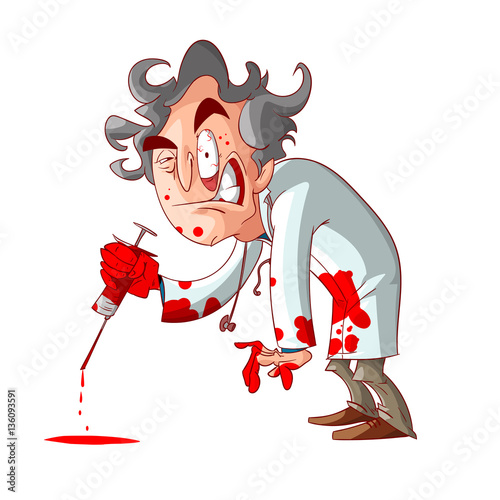 Colorful vector illustration of a cartoon crazy doctor, holding a bloody needle, and blood stains on his hands and clothes.