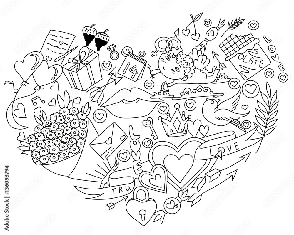 Coloring page Happy Valentines Day Hand Drawing Vector design set