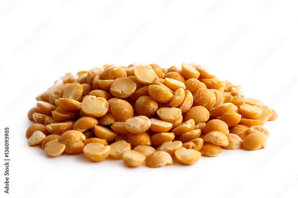 Heap of dry yellow split peas isolated on white. Heap of dry yellow split peas isolated on white.