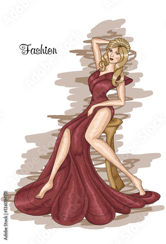 Sitting girl in a long dark pink dress.  Dusty Gedar-colored dress. Hairstyle and Fashion.