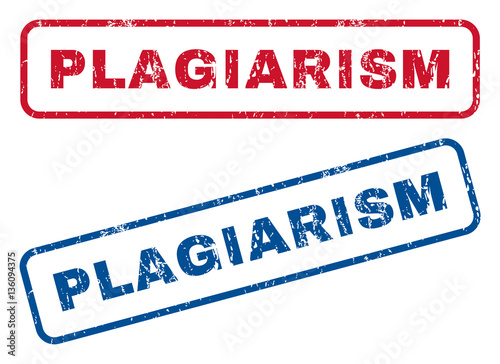 Plagiarism text rubber seal stamp watermarks. Vector style is blue and red ink caption inside rounded rectangular banner. Grunge design and dust texture. Blue and red emblems.