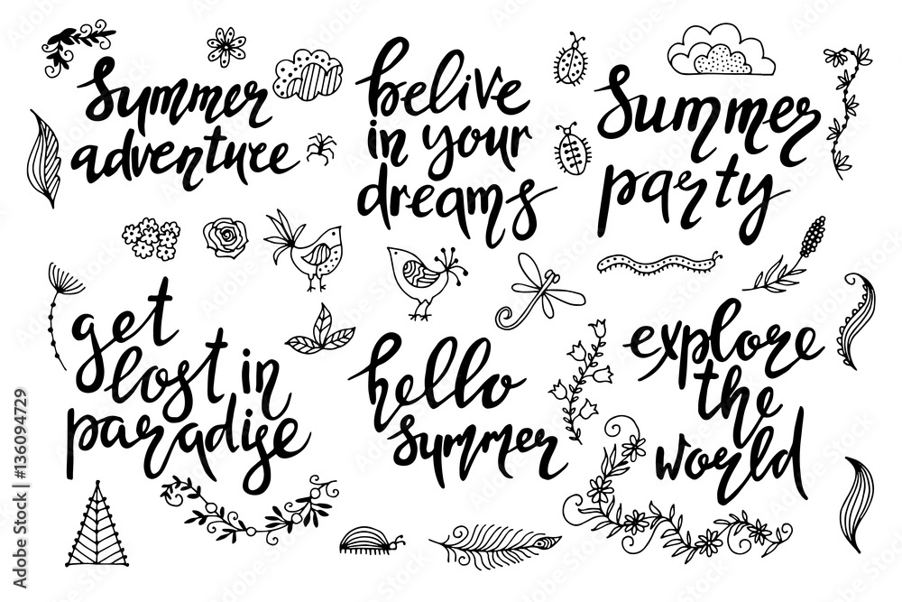 Set of hand drawn summer themed phrases.