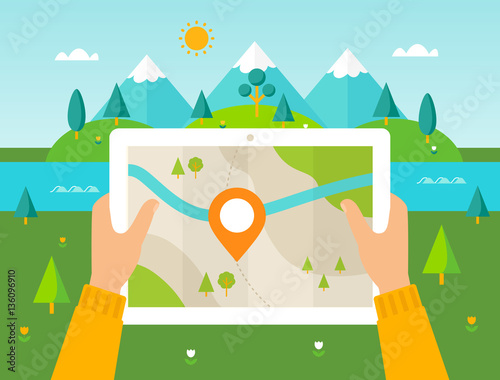 Hiker Reading Digital Map on Tablet