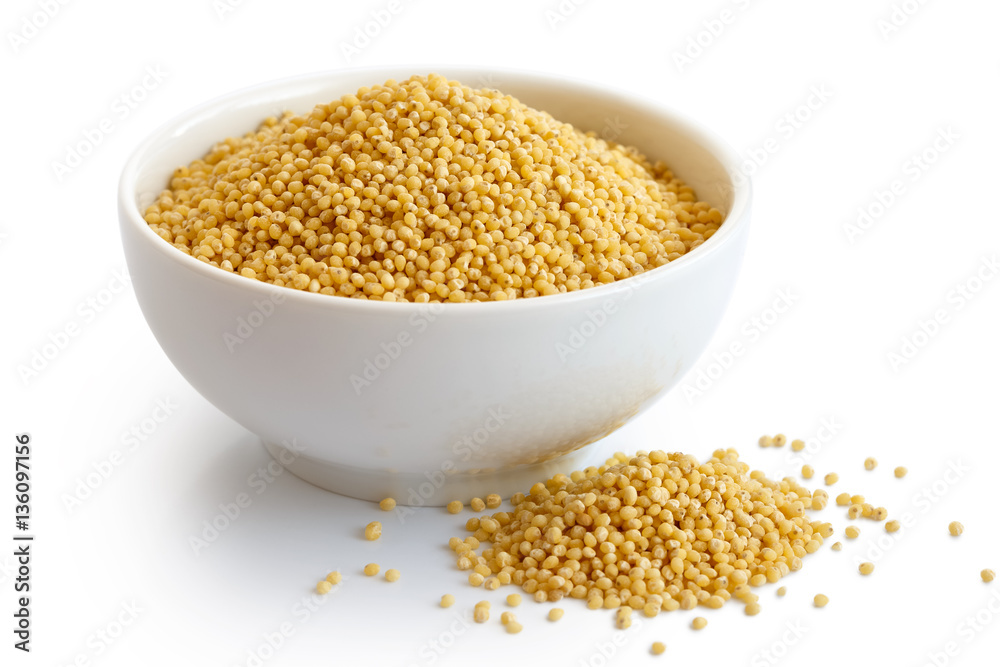 Dry millet in white ceramic bowl isolated on white. Dry millet in white ceramic bowl isolated on white.