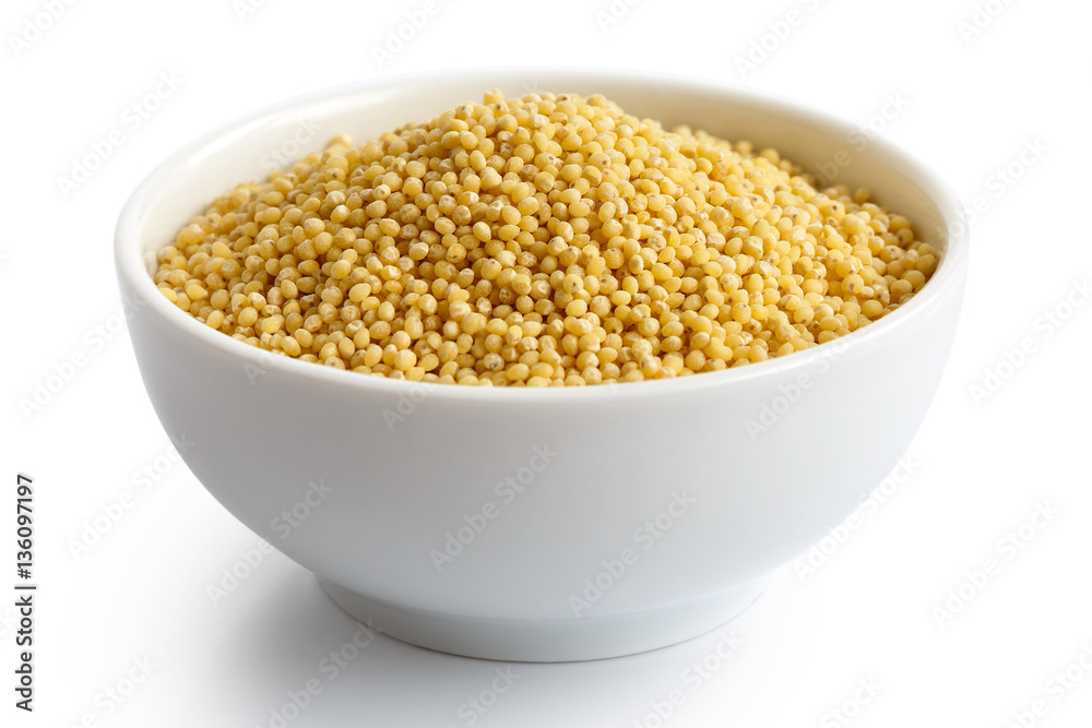 Dry millet in white ceramic bowl isolated on white. Dry millet in white ceramic bowl isolated on white.