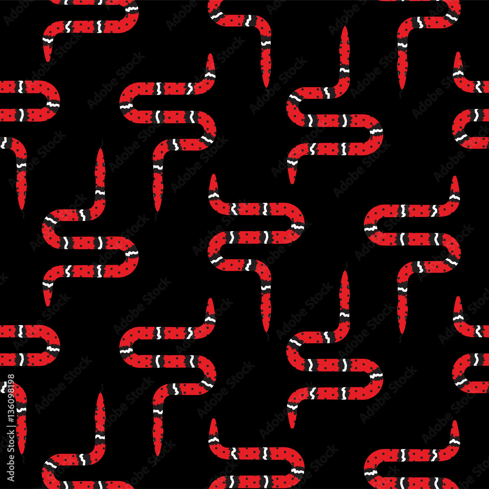 Red micrurus snake on black seamless pattern vector. Serpent fabric print wild reptile animal. Red micrurus snake on black seamless pattern vector. Serpent fabric print wild reptile animal.