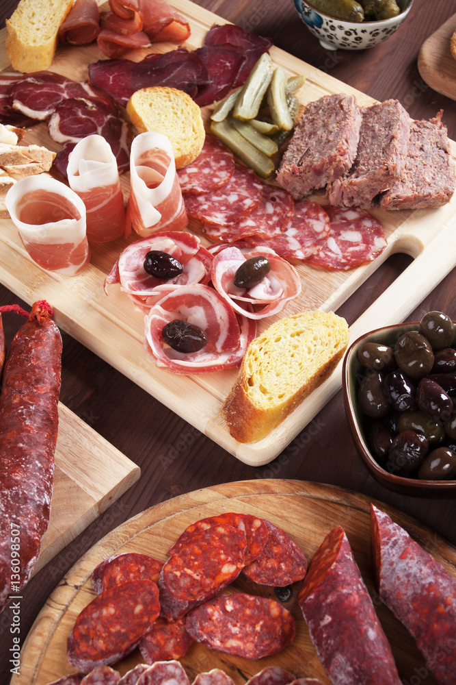 Charcuterie board with cured meat and olives