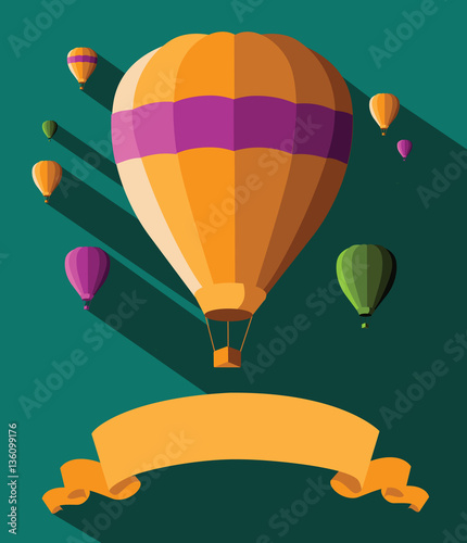 Flat design hot air balloons floating in the sky  with fluffy clouds and ribbon background. Poster or marketing design with festive balloons and copy space. Colorful fairground drawing. EPS 10 vector.