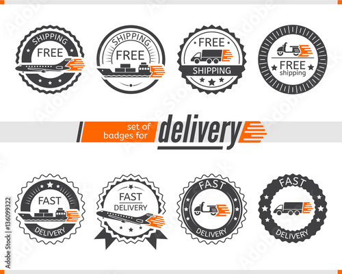 Set of badges for delivery transport, truck, ship, plane, scooter for apps and websites isolated on white background.