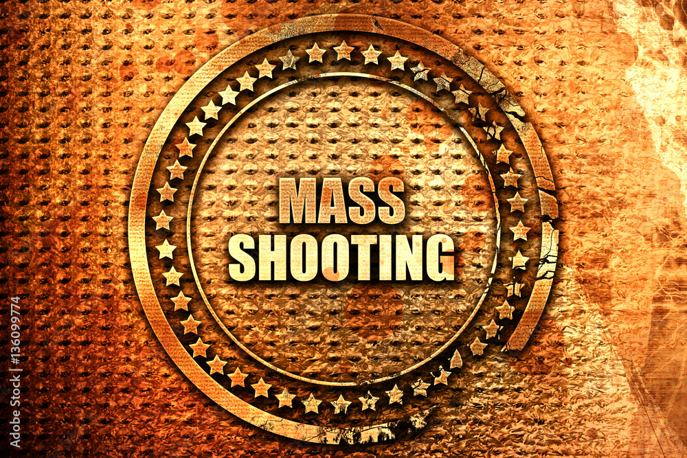 mass shooting, 3D rendering, text on metal