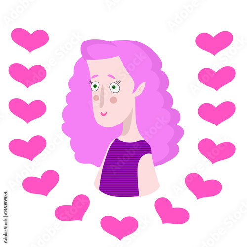 Cute romantic girl with purple curled hair, st.Valentines Day greeting card