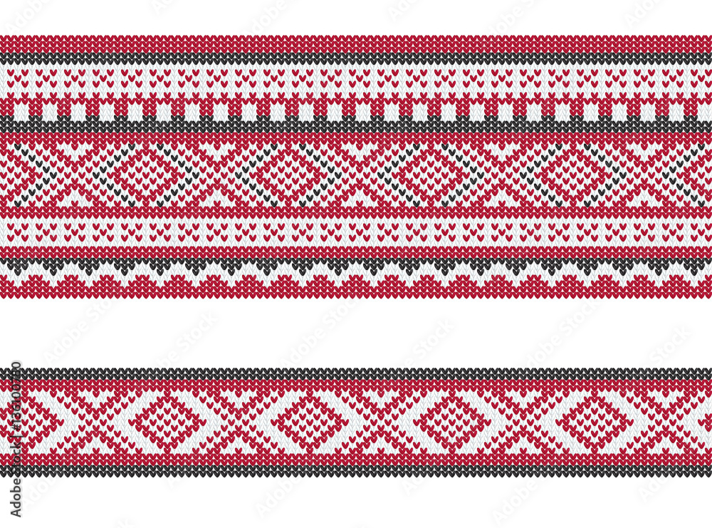 Seamless pattern, knitting imitation. White, red and black colors.