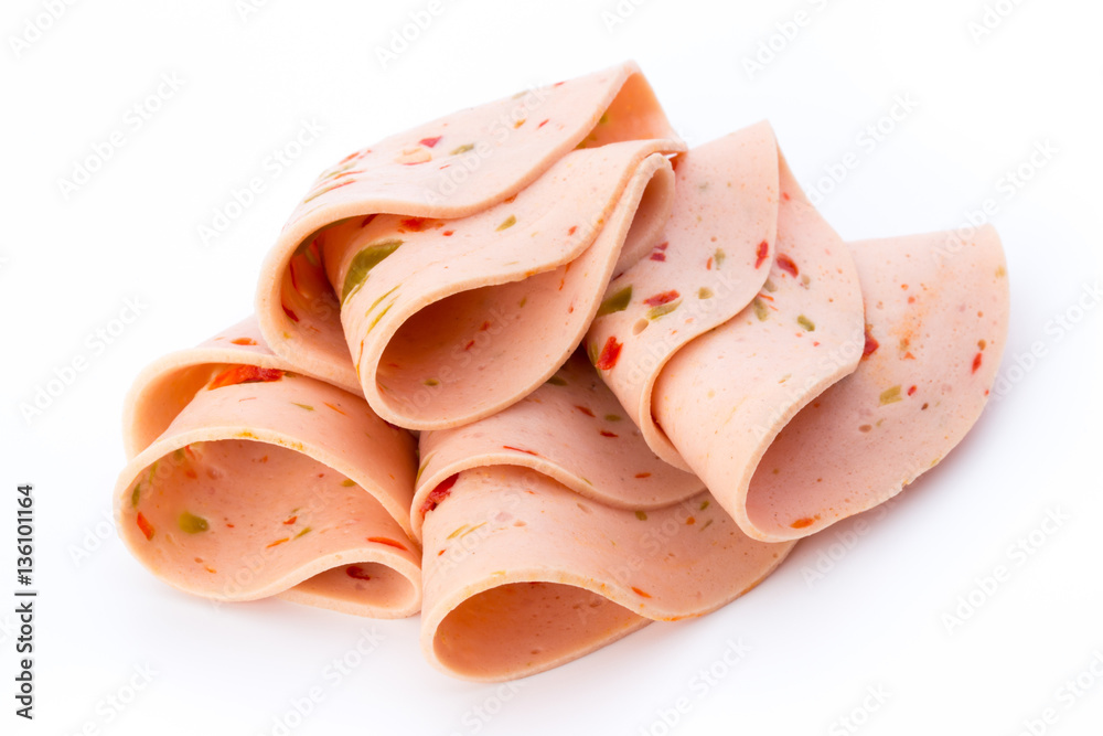 Sliced boiled ham sausage isolated on white background, top view