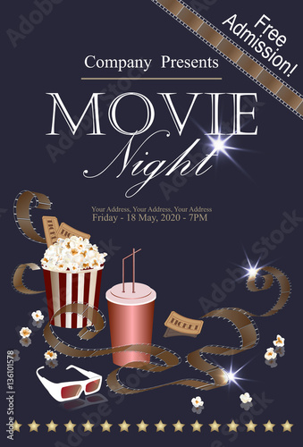 Movie banner with popcorn, folm reel, cola and 3D glasses