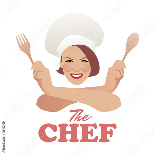 Woman Chef. Beautiful cook with wooden spoon and fork. Retro style