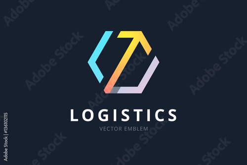Vector logo for logistic company. Hexagon sign with arrow, color gradient style.