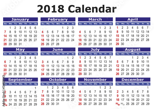 Simple vector calendar 2018 horizontal, 2018 calendar