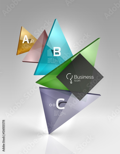 Colorful glossy glass triangle on empty 3d space