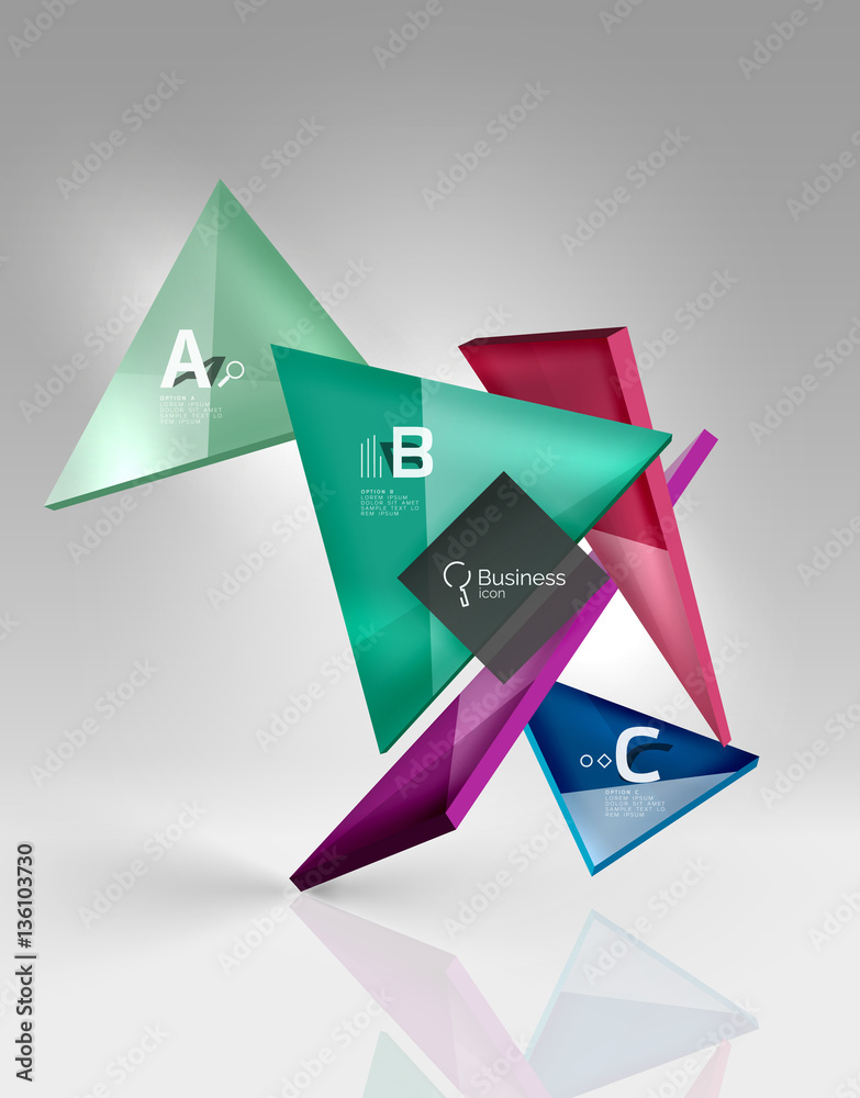 Colorful glossy glass triangle on empty 3d space Colorful glossy glass triangle on empty 3d space