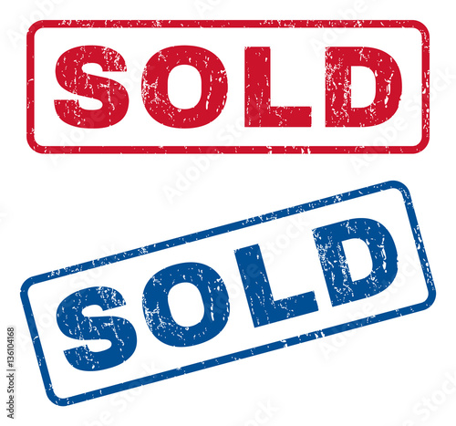 Sold text rubber seal stamp watermarks. Vector style is blue and red ink caption inside rounded rectangular shape. Grunge design and scratched texture. Blue and red emblems.