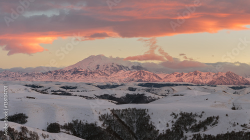 Russia, Karachaevo-Cherkessia. Fiery sunset in the winter in the