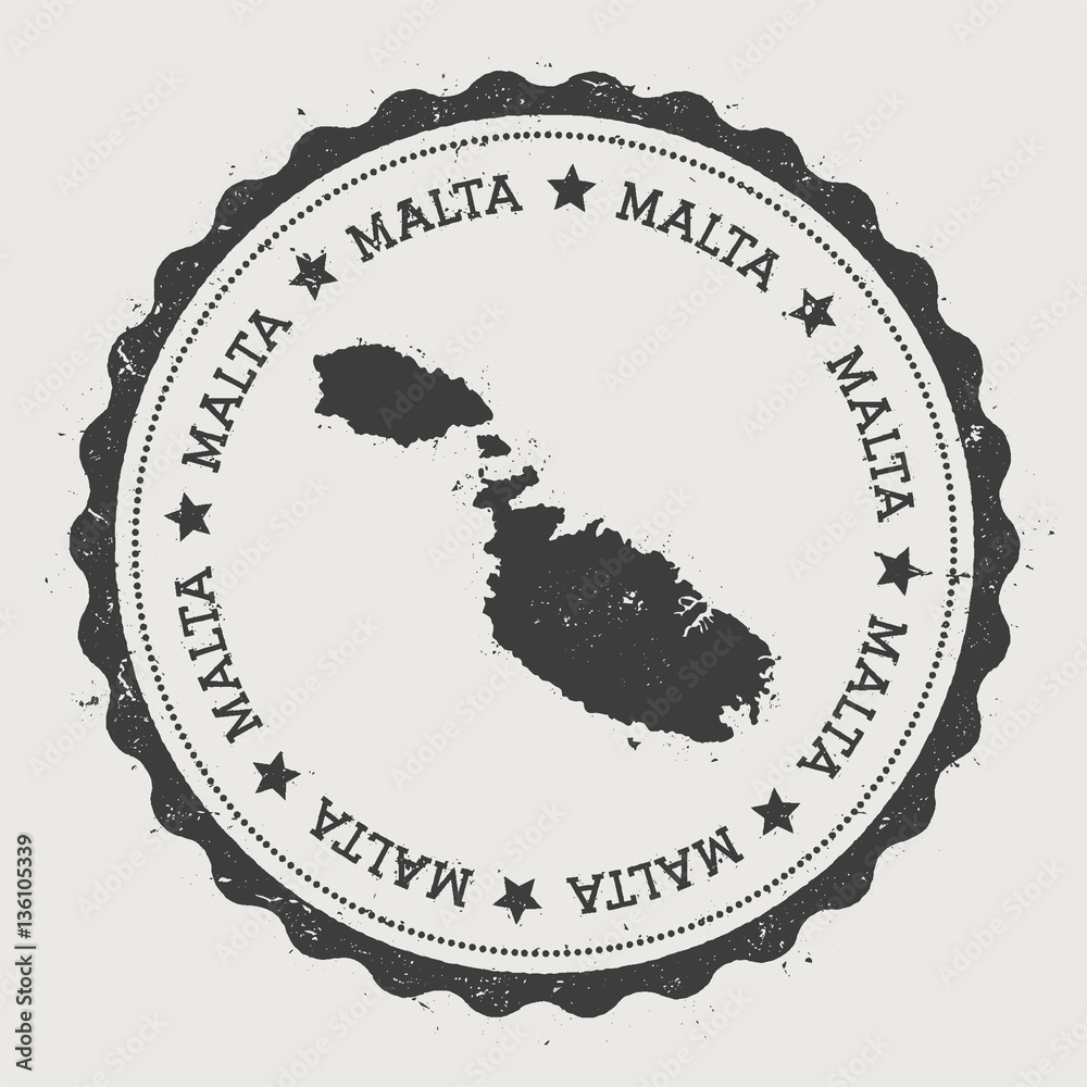 Malta sticker. Hipster round rubber stamp with island map. Vintage