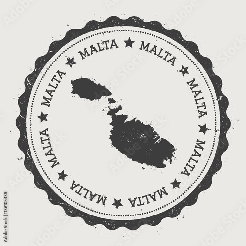 Malta sticker. Hipster round rubber stamp with island map. Vintage passport sign with circular text and stars, vector illustration.