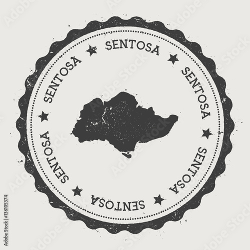 Sentosa sticker. Hipster round rubber stamp with island map. Vintage passport sign with circular text and stars, vector illustration.