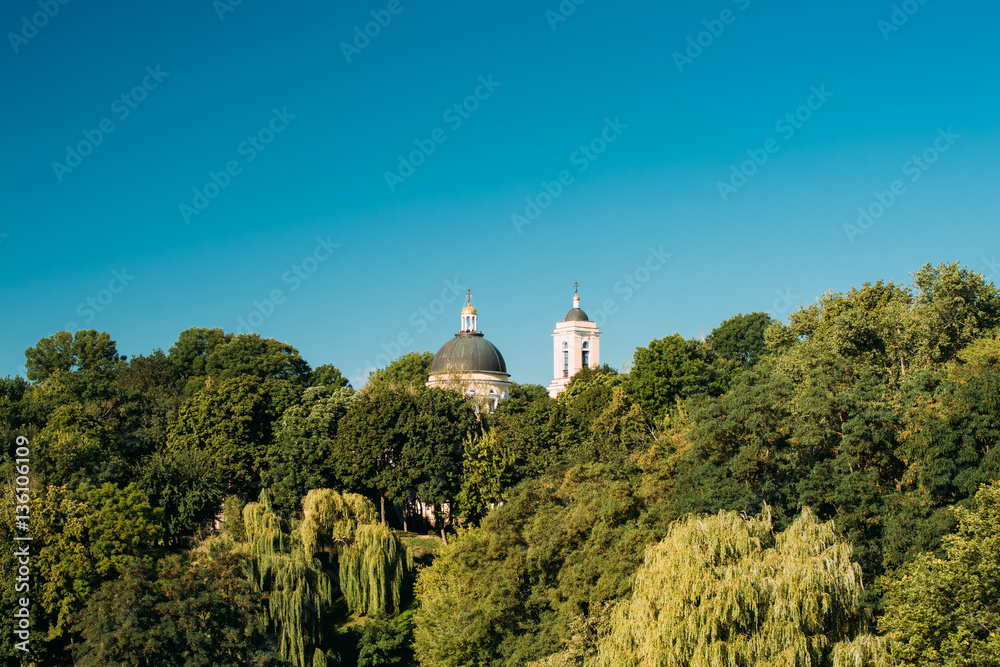 Dome And Bell Tower Of Peter And Paul Cathedral Under Sunny Summer Blue Sky In Gomel, Belarus.
