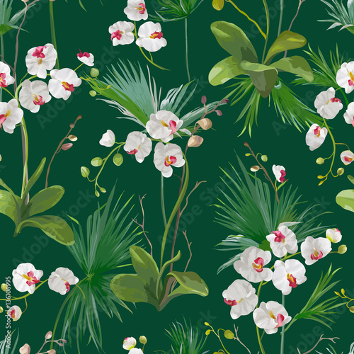 Fototapeta Naklejka Na Ścianę i Meble -  Tropical Palm Leaves and Orchid Flowers Background. Seamless Pattern