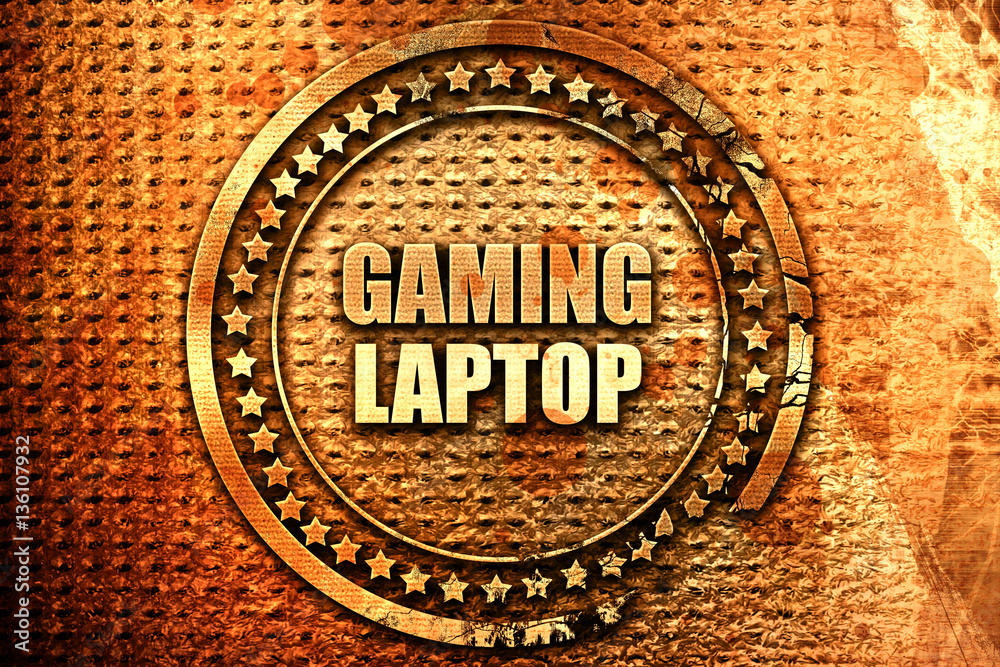 gaming laptop, 3D rendering, text on metal