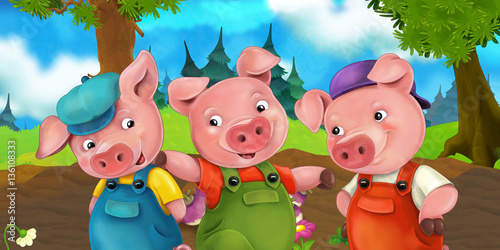 Fototapeta Cartoon scene three pig brothers going on a trip on a hill - illustration for children