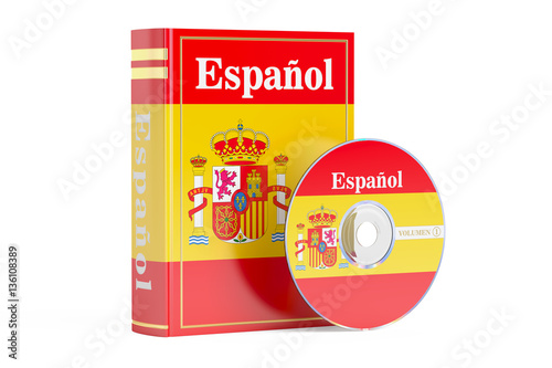 Spanish book with flag of Spain and CD disk, 3D rendering