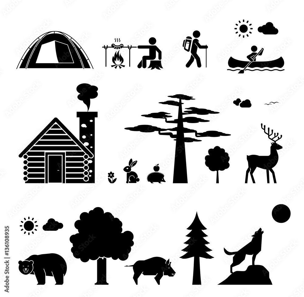 Obraz premium Set of icons presenting various situations while camping in the wild. Camping and wilderness.