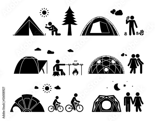 Camping in the nature. Set of icons presenting various activities on camping outdoors in wild with different types of tents. 