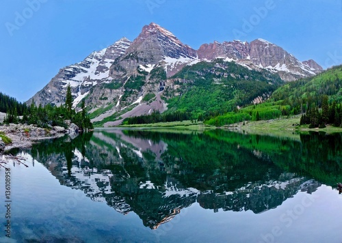Maroon Bells peaks reflection in Crater  Lake. Aspen. Snowmass Village.  Colorado. United States.