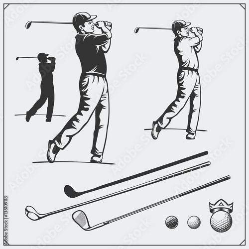 Vector set of golf players and golf elements.